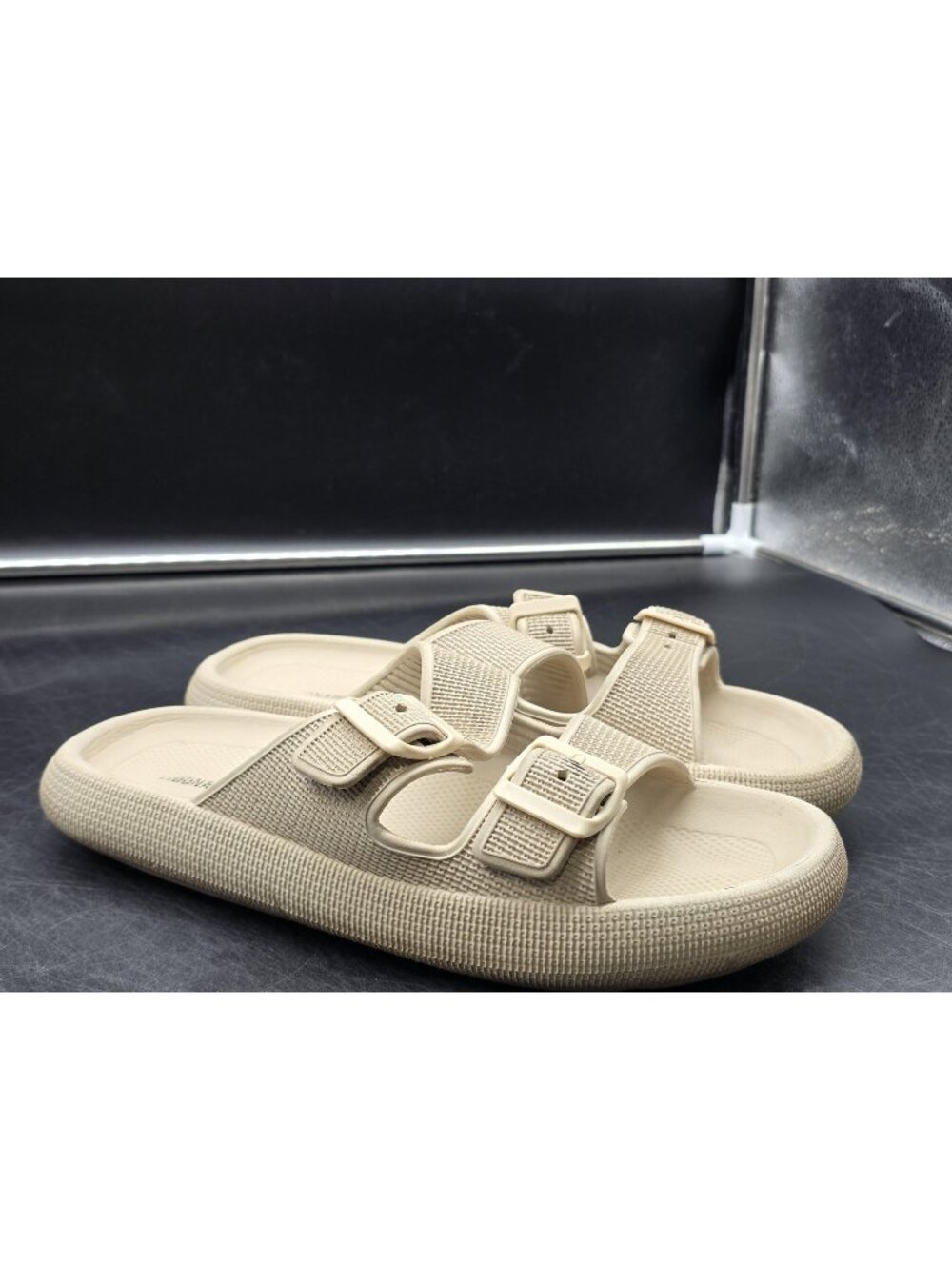 cushionaire Sandals Womens Size 10 40 Beige Double Strap Slide Buckle Shoes
